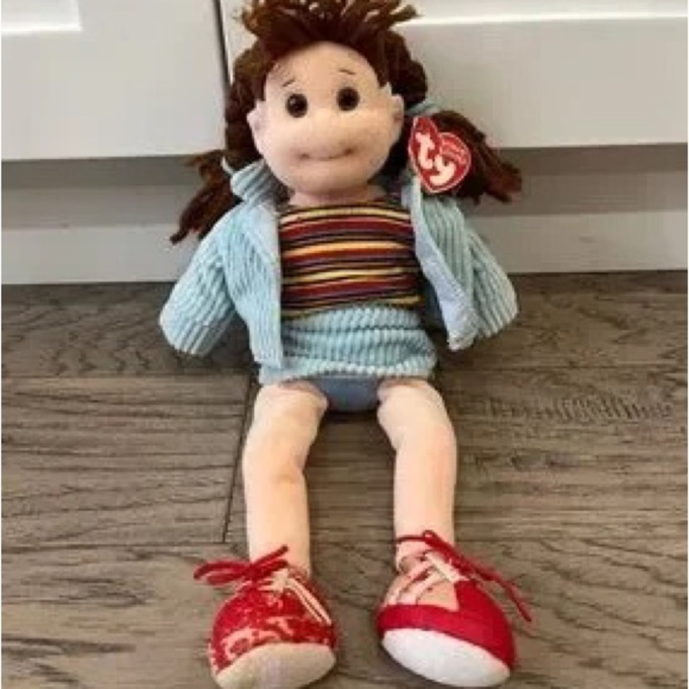 TY Plush Rag Doll in Blue Outfit with Red Shoes